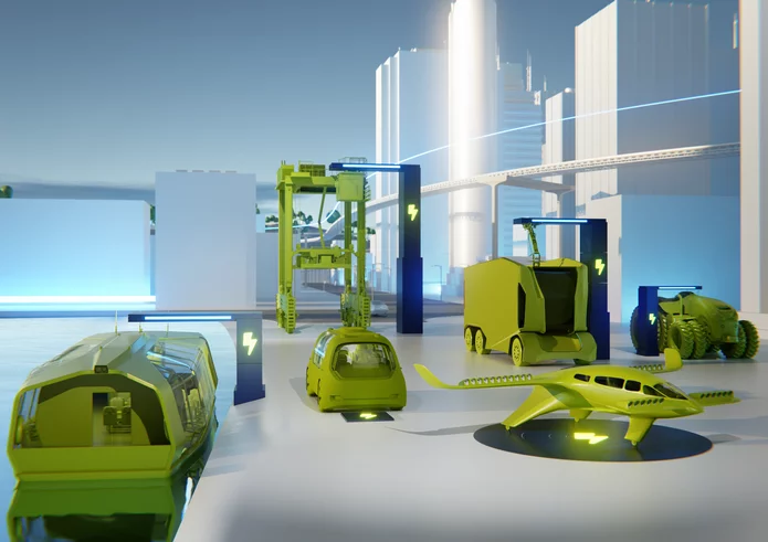  Animation with e-vehicles on land, air and water, which are charged by Schunk Smart Charging technology