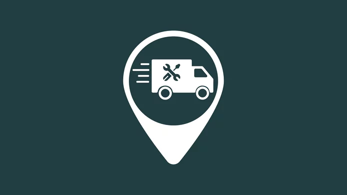 White icon of a service van with tool symbols inside a location pin on a dark green background, representing Schunk’s technical support services.