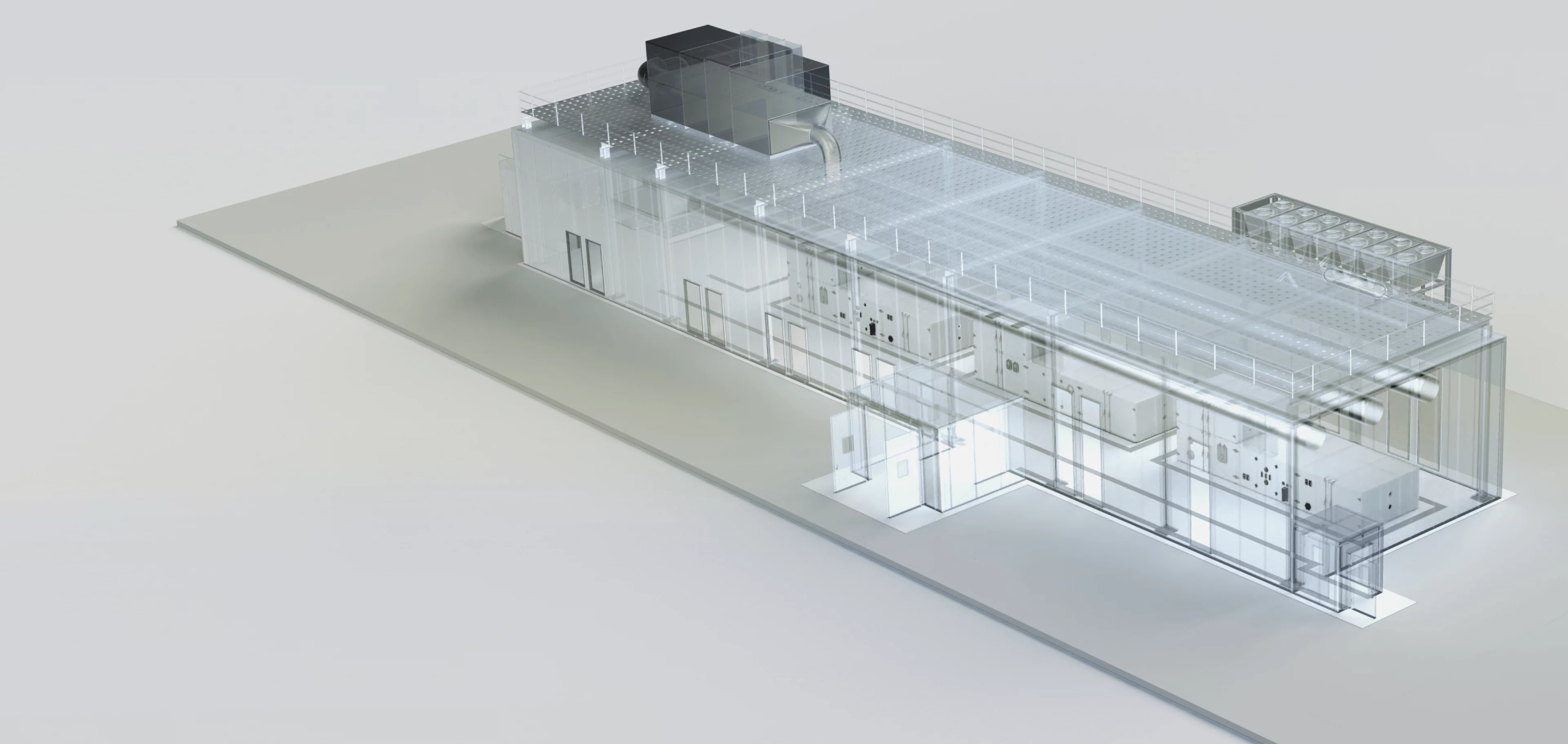3D visualization of a battery environmental simulation system with integrated test chambers and technical supply areas