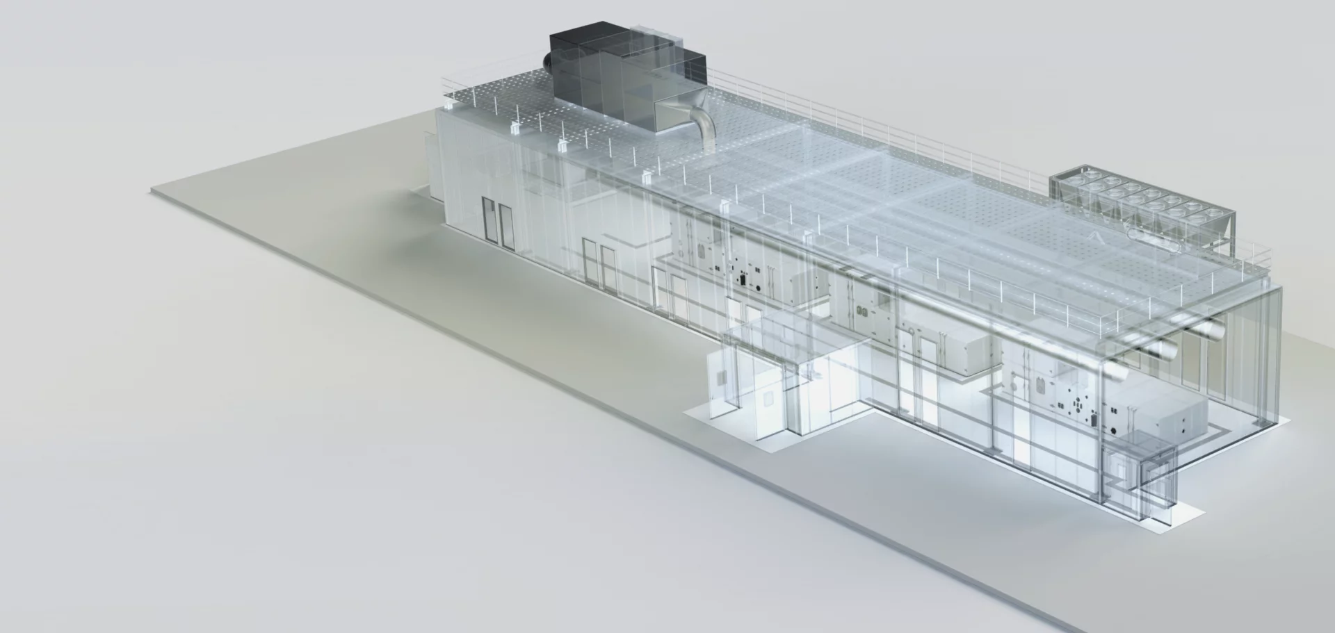  3D‑Visualisierung einer Batterie‑Umweltsimulationsanlage mit integrierten Prüfkammern, Technik‑ und Versorgungsbereichen