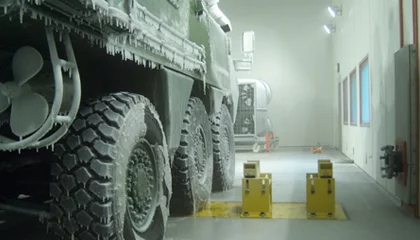 Umweltsimulationsprüfung eines Militärfahrzeugs unter kontrollierten Klima‑ und Belastungsbedingungen im Defence‑Umfeld
