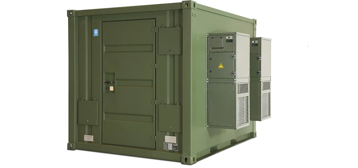  Military container with externally mounted container air conditioning systems by Weiss Defence for shelter climate control