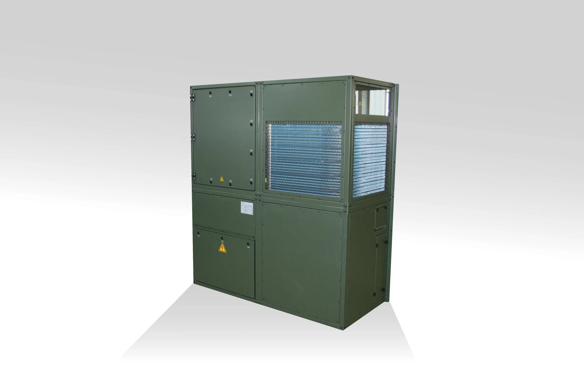 Modulares Kühlmodul Module R‑15‑F1 von Weiss Defence in militärischer olivgrüner Ausführung mit Lüftungsgittern