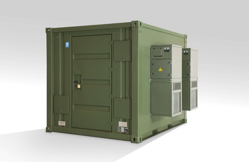  Military container with side‑mounted Module R container air conditioning systems by Weiss Defence in a robust olive‑green design.