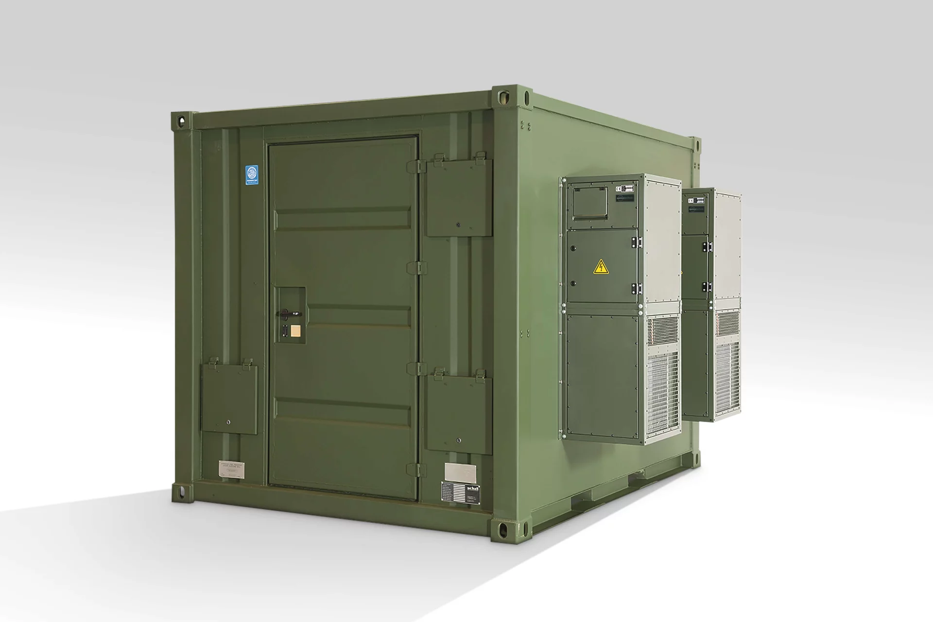  Military container with side‑mounted Module R container air conditioning systems by Weiss Defence in a robust olive‑green design.