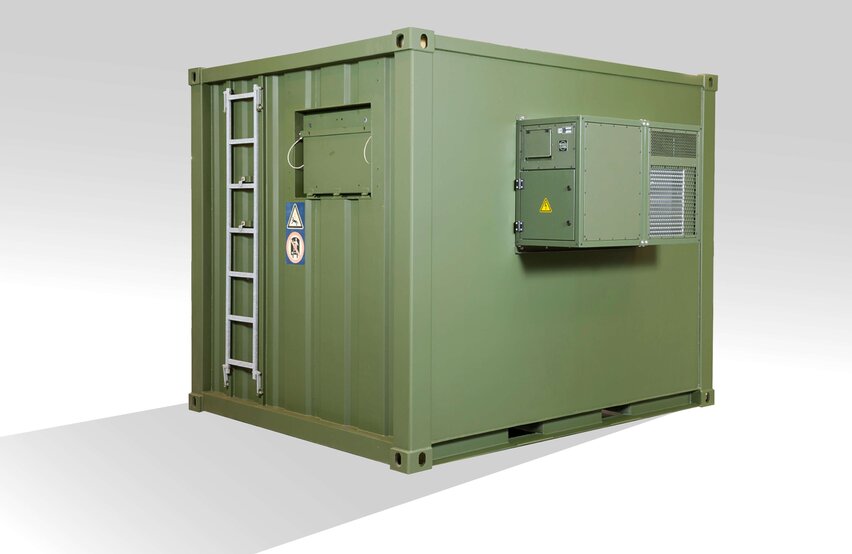 Military deployment container with side‑mounted Module R container air conditioning unit by Weiss Defence in olive‑green finish.