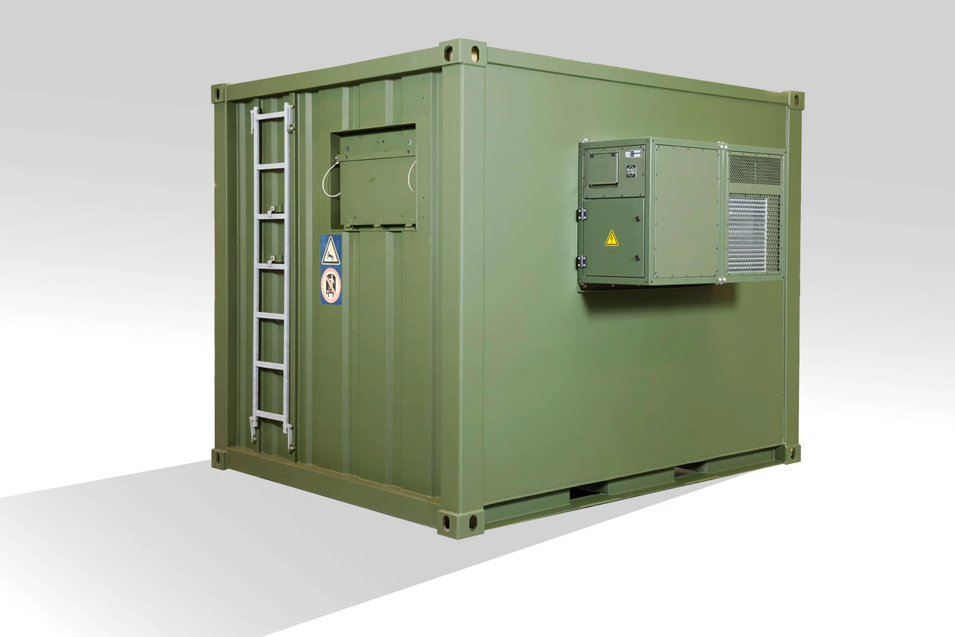  Military deployment container with side‑mounted Module R container air conditioning unit by Weiss Defence in olive‑green finish.