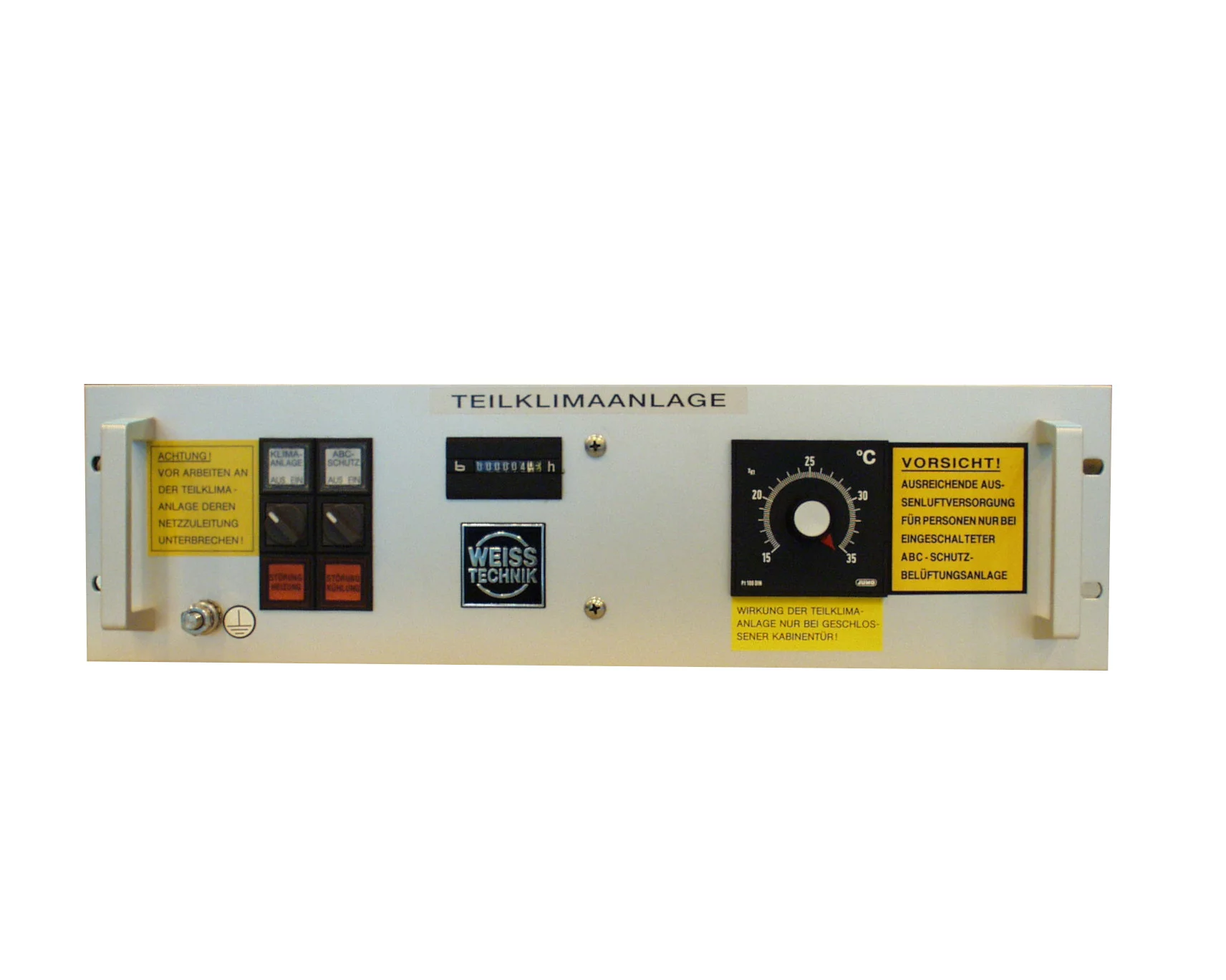  Control and operating panel of the tactical TKA air conditioning unit from Weiss Defence with temperature control and safety labels.