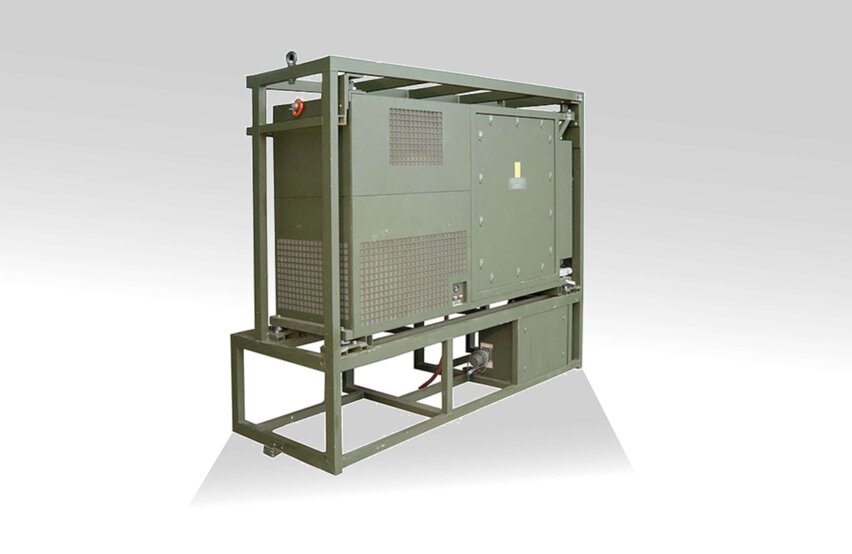 Taktische Klimaanlage der TKA‑A‑Serie von Weiss Defence, montiert in einem Metall‑Transportrahmen.