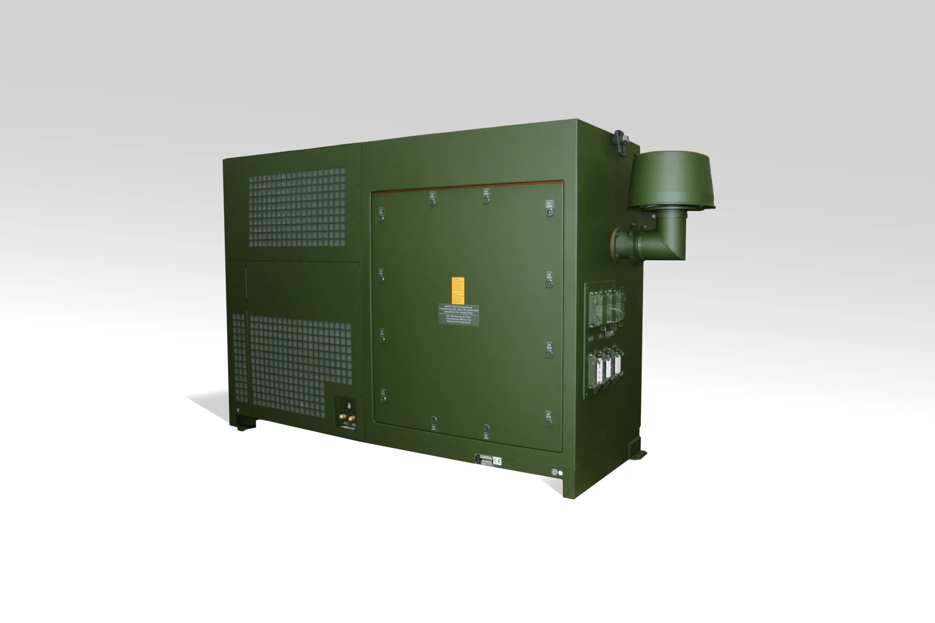 Tactical air conditioning unit of the TKA‑A series from Weiss Defence in olive‑green finish shown as a standalone product.