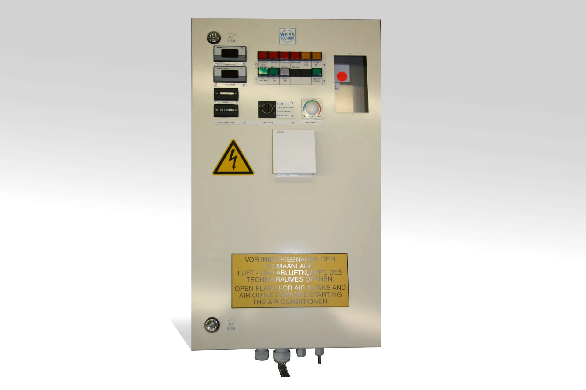  Control panel and switch cabinet of the HKE10 hygienic climate compact unit by Weiss Defence with indicators and switches
