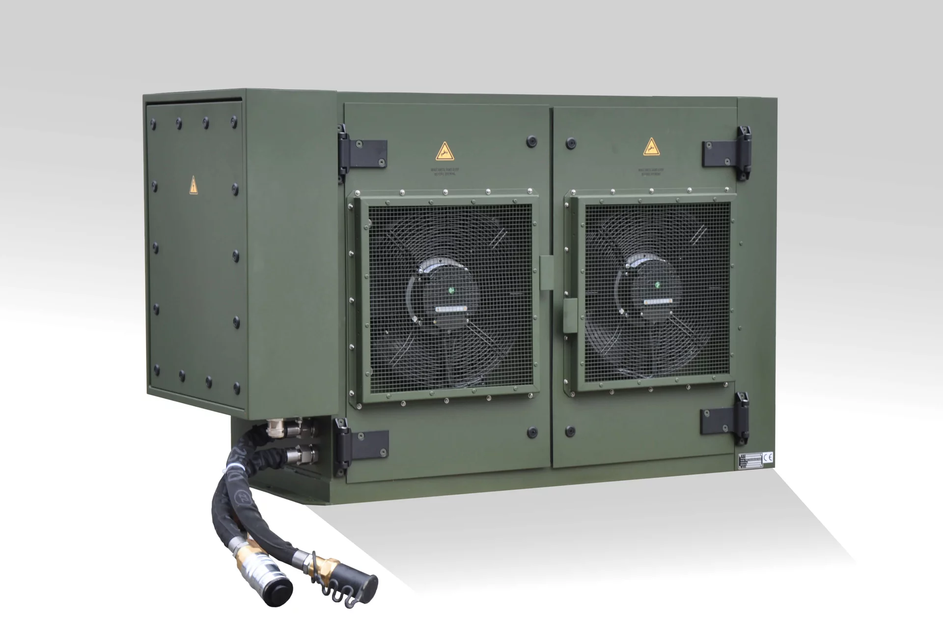 STA‑10 A military air conditioning unit by WEISS Defence with two front fans in a rugged olive‑green housing