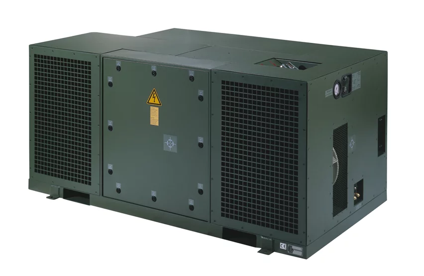 Angled view of the STA‑3 A military air conditioning unit by WEISS Defence with ventilation grilles and closed service panel