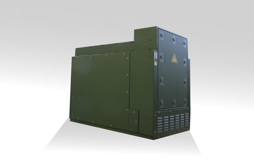  Angled view of the STA‑5 A military air conditioning unit by WEISS Defence with closed service panel and warning label