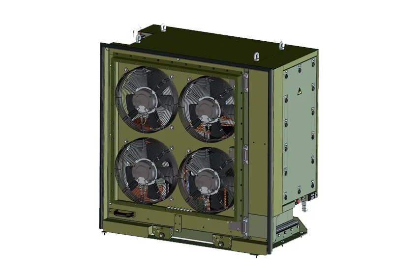 Front view of the STA‑6 B military air conditioning unit by WEISS Defence with four integrated axial fans