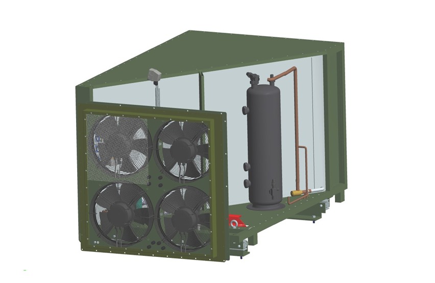  Teilgeöffnete militärische Klimaanlage STA‑7 B von WEISS Defence mit vier Axiallüftern und sichtbaren internen Baugruppen