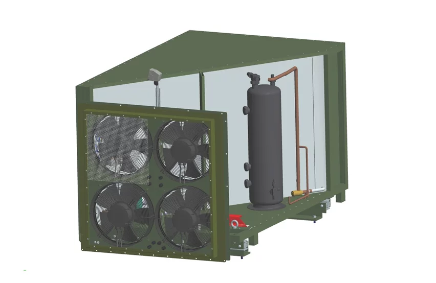  Teilgeöffnete militärische Klimaanlage STA‑7 B von WEISS Defence mit vier Axiallüftern und sichtbaren internen Baugruppen