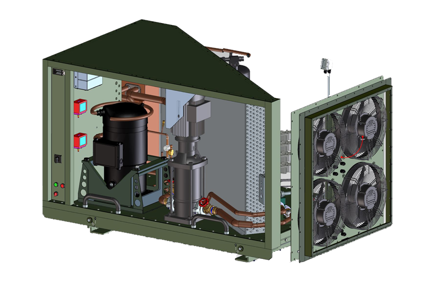  Geöffnete militärische Klimaanlage STA‑7 B von WEISS Defence mit sichtbaren internen Komponenten und Lüftermodul