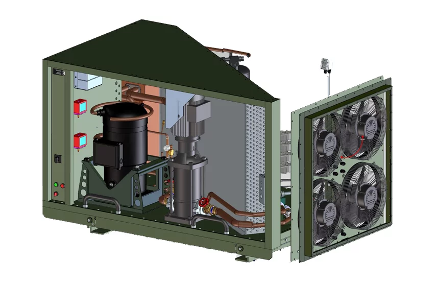 Open STA‑7 B military air conditioning unit by WEISS Defence with visible internal components and fan module