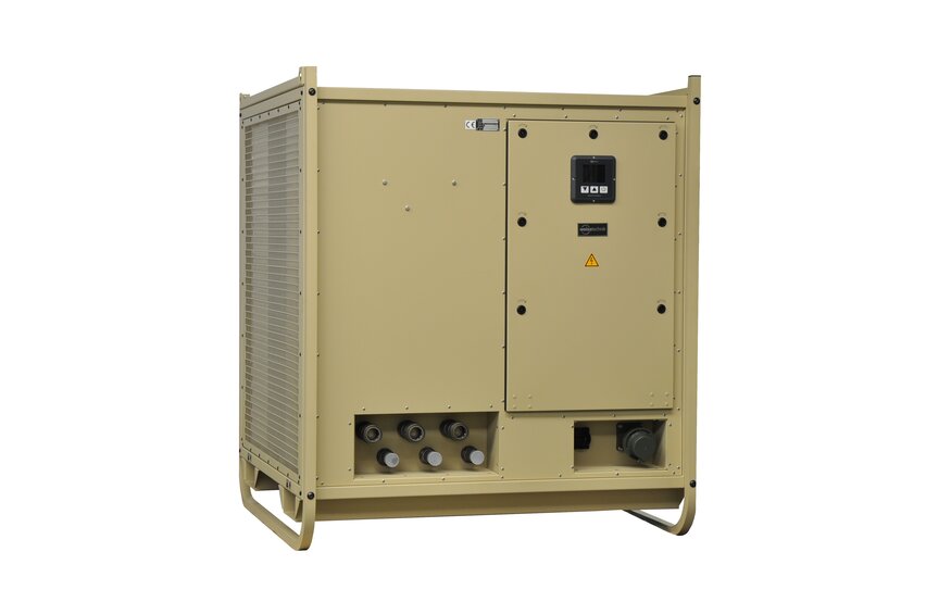  Mobile militärische Zeltklimaanlage Module‑R STA von Weiss Defence mit robustem Gehäuse und Anschlussmodulen.