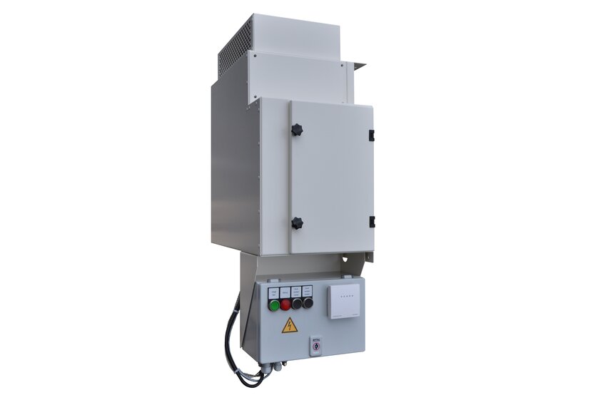  Elektrisches Anschluss‑ und Steuermodul der Module‑R STA von Weiss Defence mit Schaltschrank und Bedienelementen.