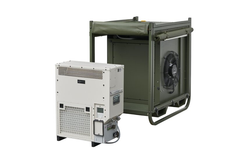  Mobile militärische Zeltklimaanlage Module R‑7B von Weiss Defence mit Außen‑ und Innenmodul für Feldeinsatz