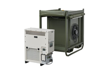 Mobile militärische Zeltklimaanlage Module R‑7B von Weiss Defence mit Außen‑ und Innenmodul für Feldeinsatz