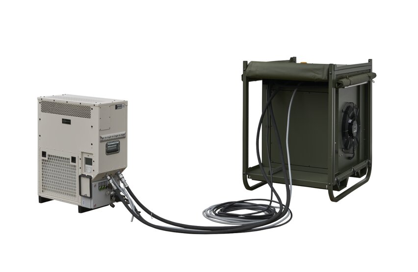  Split‑Zeltklimaanlage Module R‑7B von Weiss Defence mit Innen‑ und Außenmodul, verbunden über flexible Leitungen