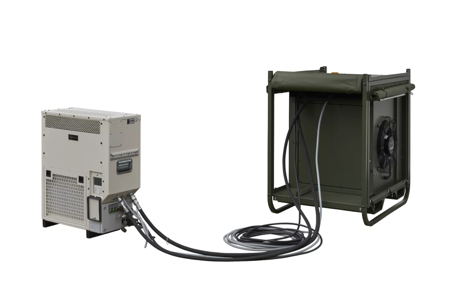  Split‑Zeltklimaanlage Module R‑7B von Weiss Defence mit Innen‑ und Außenmodul, verbunden über flexible Leitungen