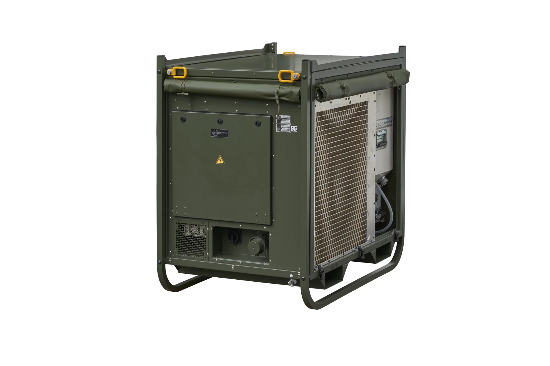  Rückansicht des Außenmoduls der Zeltklimaanlage Module R‑7B von Weiss Defence im Schutzrahmen mit Servicezugang