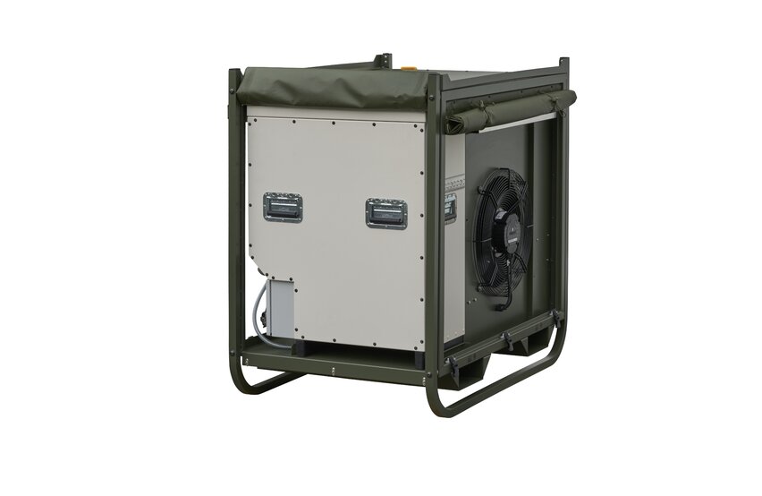  Außenmodul der Zeltklimaanlage Module R‑7B von Weiss Defence im robusten Schutzrahmen für militärische Einsätze