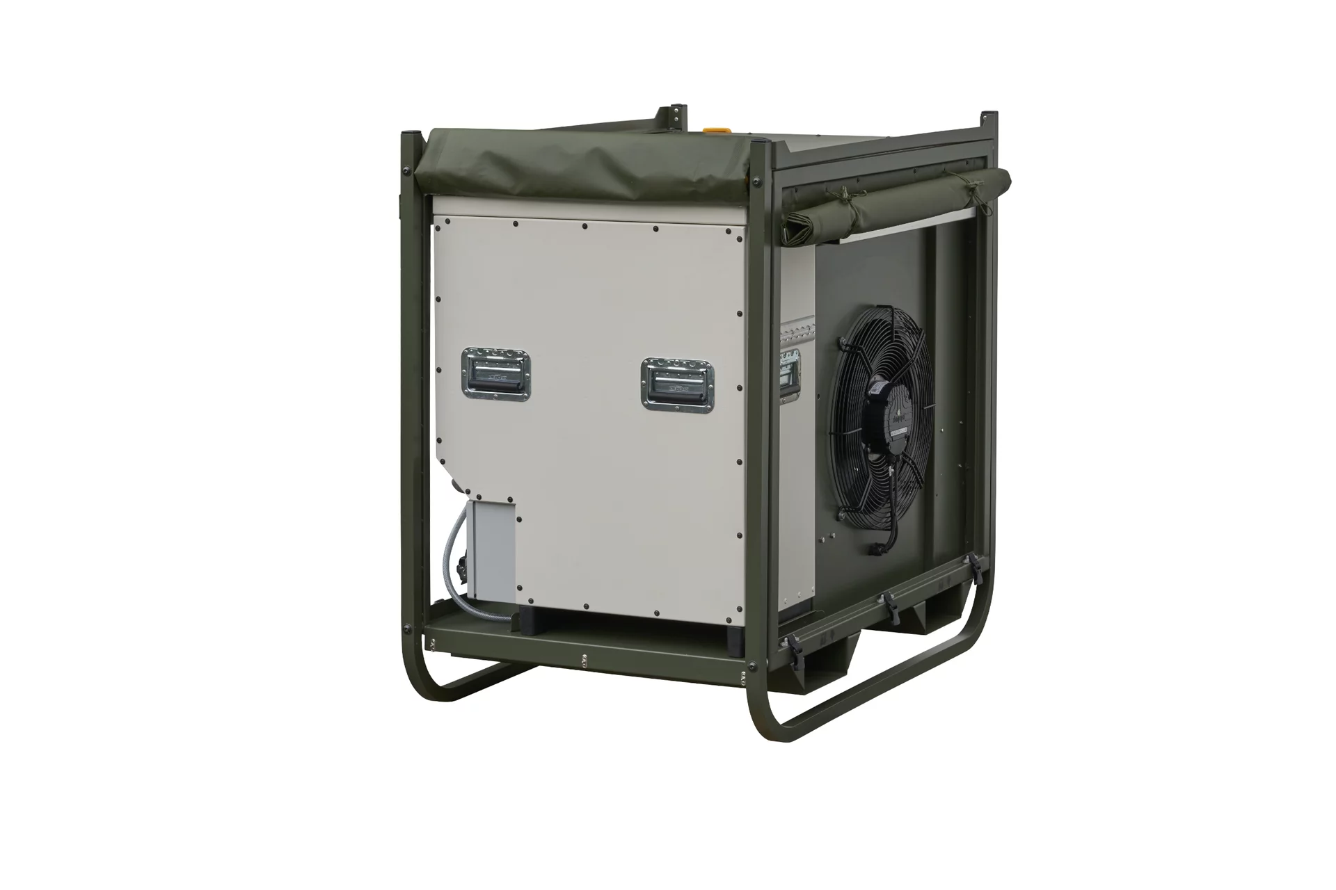  Außenmodul der Zeltklimaanlage Module R‑7B von Weiss Defence im robusten Schutzrahmen für militärische Einsätze