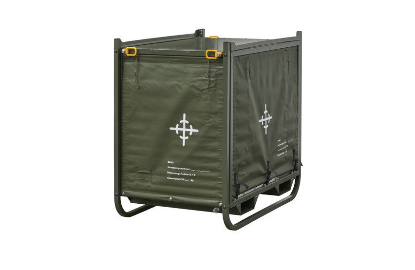  Zeltklimaanlage Module R‑7B von Weiss Defence mit montierter Schutzabdeckung im Militärrahmen für Transport und Lagerung