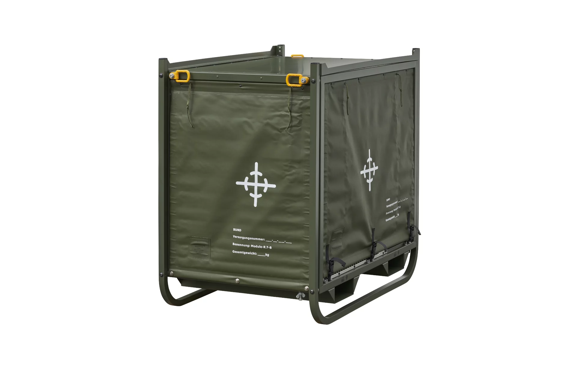  Zeltklimaanlage Module R‑7B von Weiss Defence mit montierter Schutzabdeckung im Militärrahmen für Transport und Lagerung