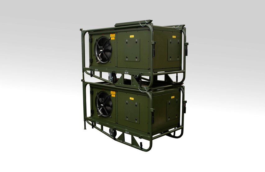  Two ZKB‑15 tent air conditioners by Weiss Defence stacked in military frames for space‑saving transport and deployment
