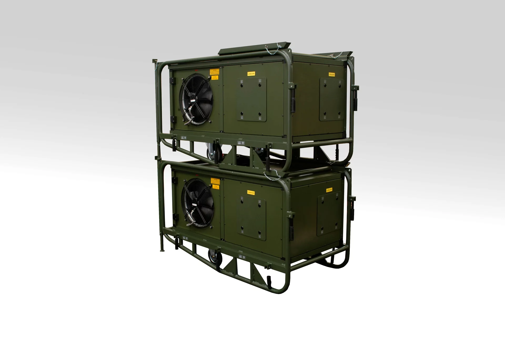  Two ZKB‑15 tent air conditioners by Weiss Defence stacked in military frames for space‑saving transport and deployment