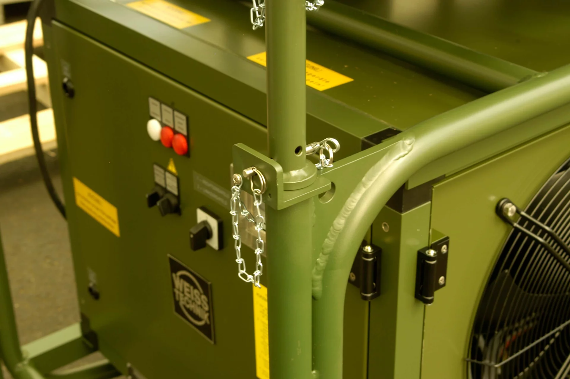 Close‑up of the controls, locking mechanism and protective frame of the ZKB‑15 tent air conditioner by Weiss Defence