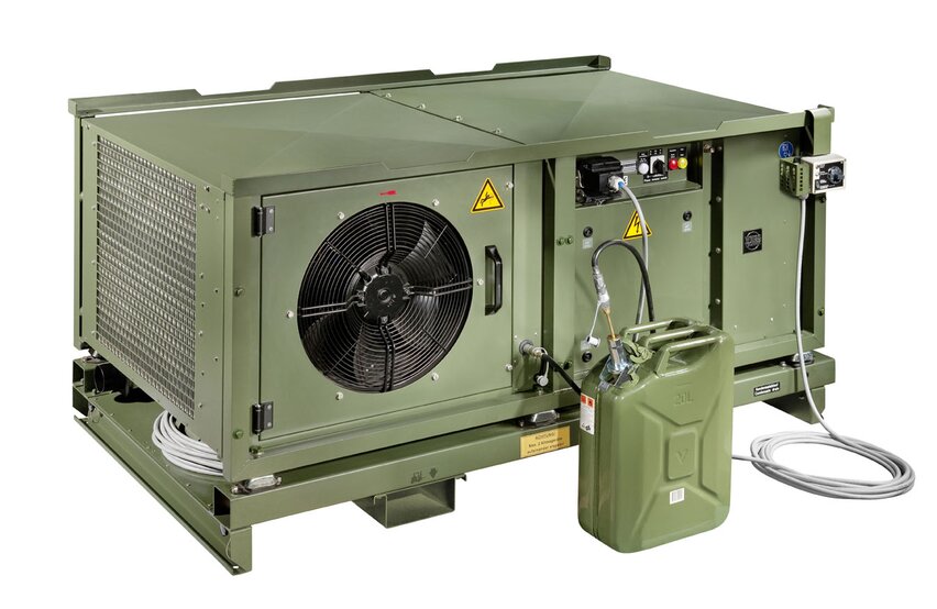  ZKB‑20/18 tent air conditioner by Weiss Defence with external fuel supply, fan unit and control panel in protective housing