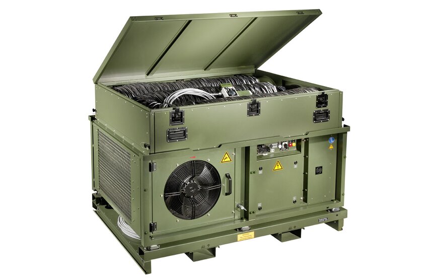  ZKB‑20/18 tent air conditioner by Weiss Defence with open transport box and coiled connection cables