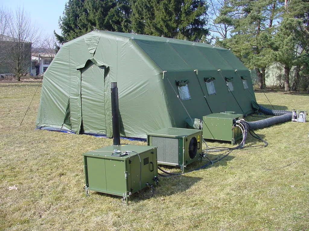 ZKB‑MFA mobile tent climate system by Weiss Defence in field operation with connected climate and supply units