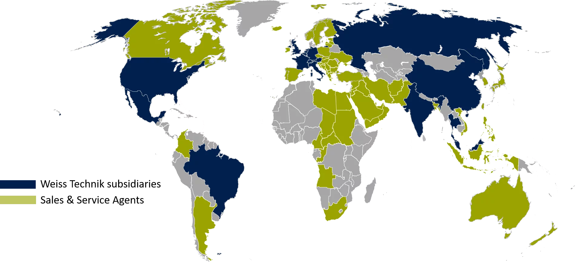  Weltkarte mit markierten Regionen für den weltweiten Service vor Ort von WEISS Defence
