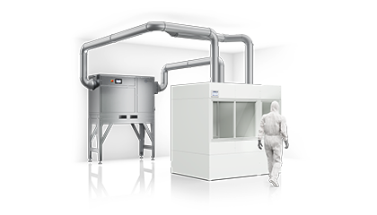 Trockenraum‑Mini‑Environment mit klimatisierter Einhausung, Luftkanälen und Bedienperson in Reinraumkleidung