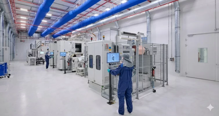  Trockenraum in Batteriefertigung mit automatisierten Anlagen und Bedienpersonal an Steuerungssystemen