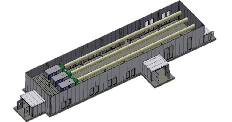  3D-Modell eines Trockenraums mit Luftkanalsystem und integrierter Klimatisierung für Batteriefertigung