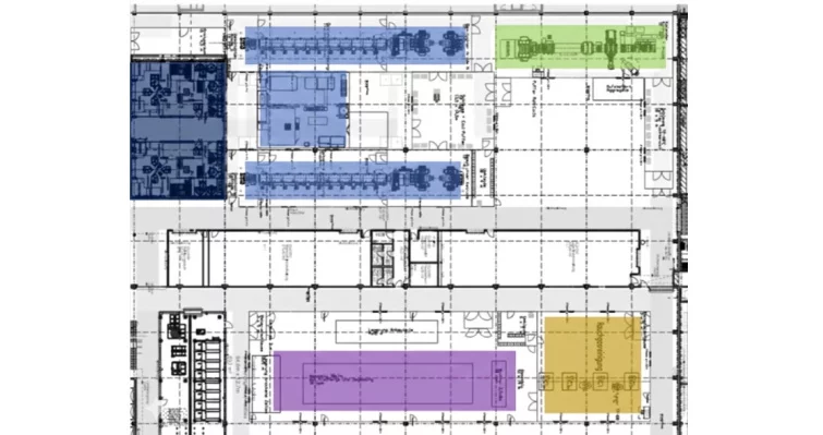  Layout einer Trockenraum-Pilotlinie für Batteriefertigung mit Prozessbereichen und Anlagenzonen