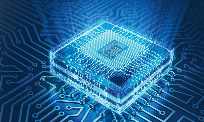 Abstract blue 3D visualization of a microchip on a digital circuit board with light rays and glowing paths.