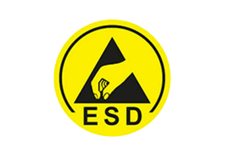 ESD-Warnsymbol mit Hand und Dreieck auf gelbem Hintergrund zum Schutz vor elektrostatischer Entladung