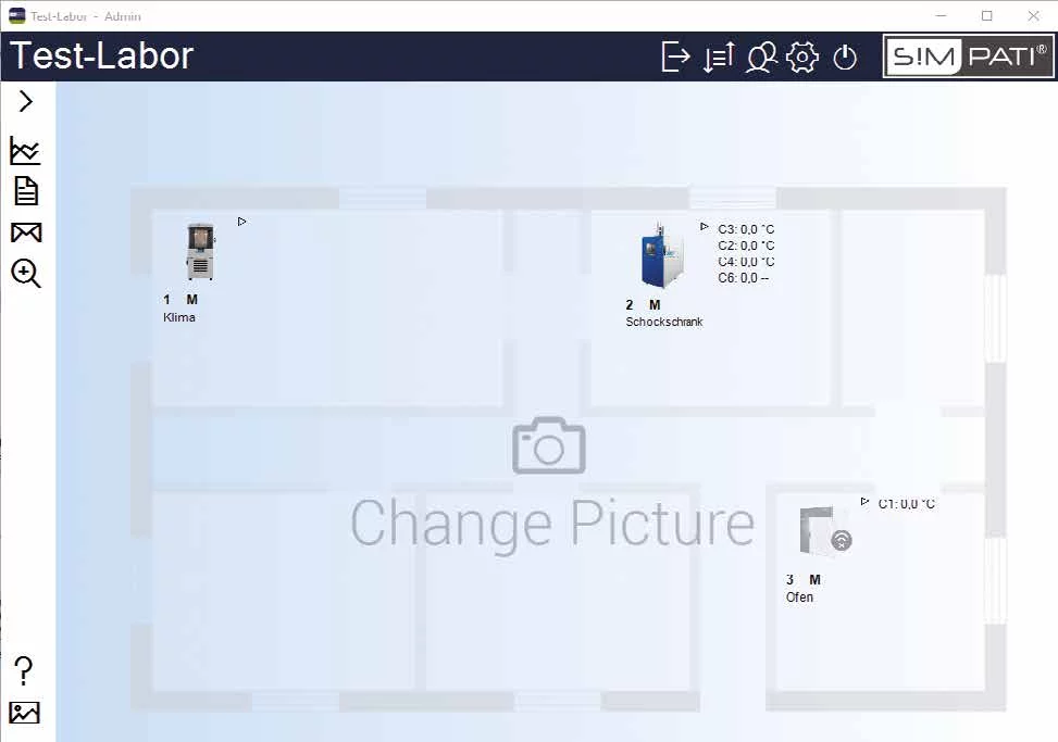 SIMPATI Classic – Graphical Laboratory Overview Graphical laboratory overview in SIMPATI Classic for centralized monitoring of test chambers and systems