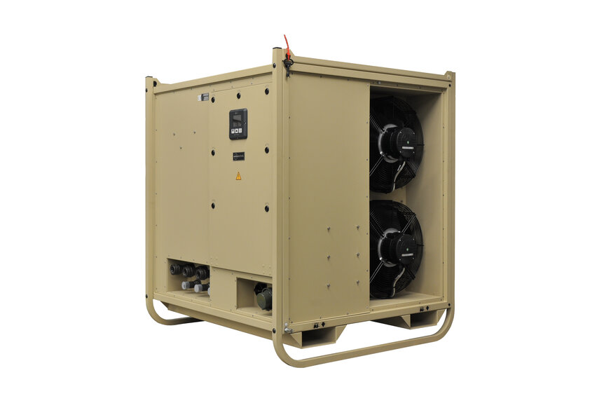   Mobile military tent air conditioning unit Module‑R STA by Weiss Defence with rugged housing and connection modules.