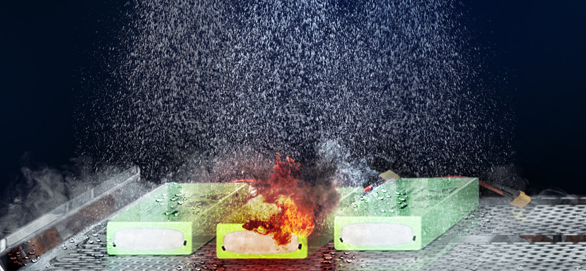 Use of extinguishing systems for battery tests in environmental simulation
